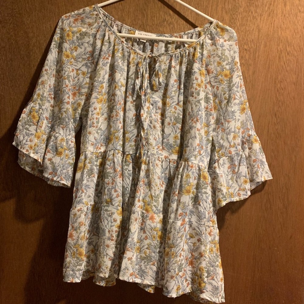 Blu Pepper silky semi sheer print top